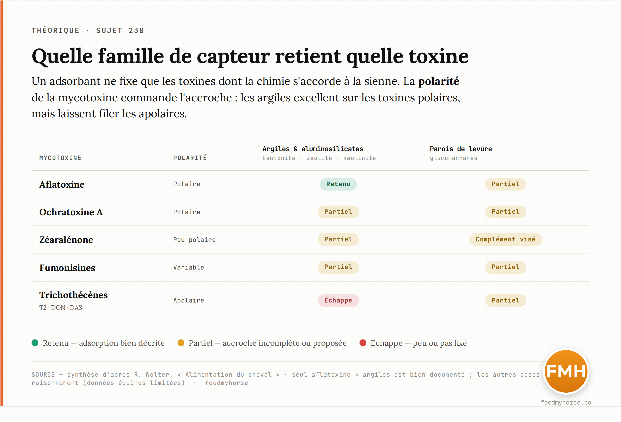 Matrice : quelle famille de capteur retient quelle mycotoxine, selon la polarité de la toxine. « Retenu » indique une adsorption bien décrite, « partiel » une accroche incomplète, « échappe » une toxine que le capteur ne fixe guère. Source : synthèse d'après Wolter (Alimentation du cheval) ; les cases « parois de levure » relèvent du raisonnement mécanistique, les données équines étant limitées.