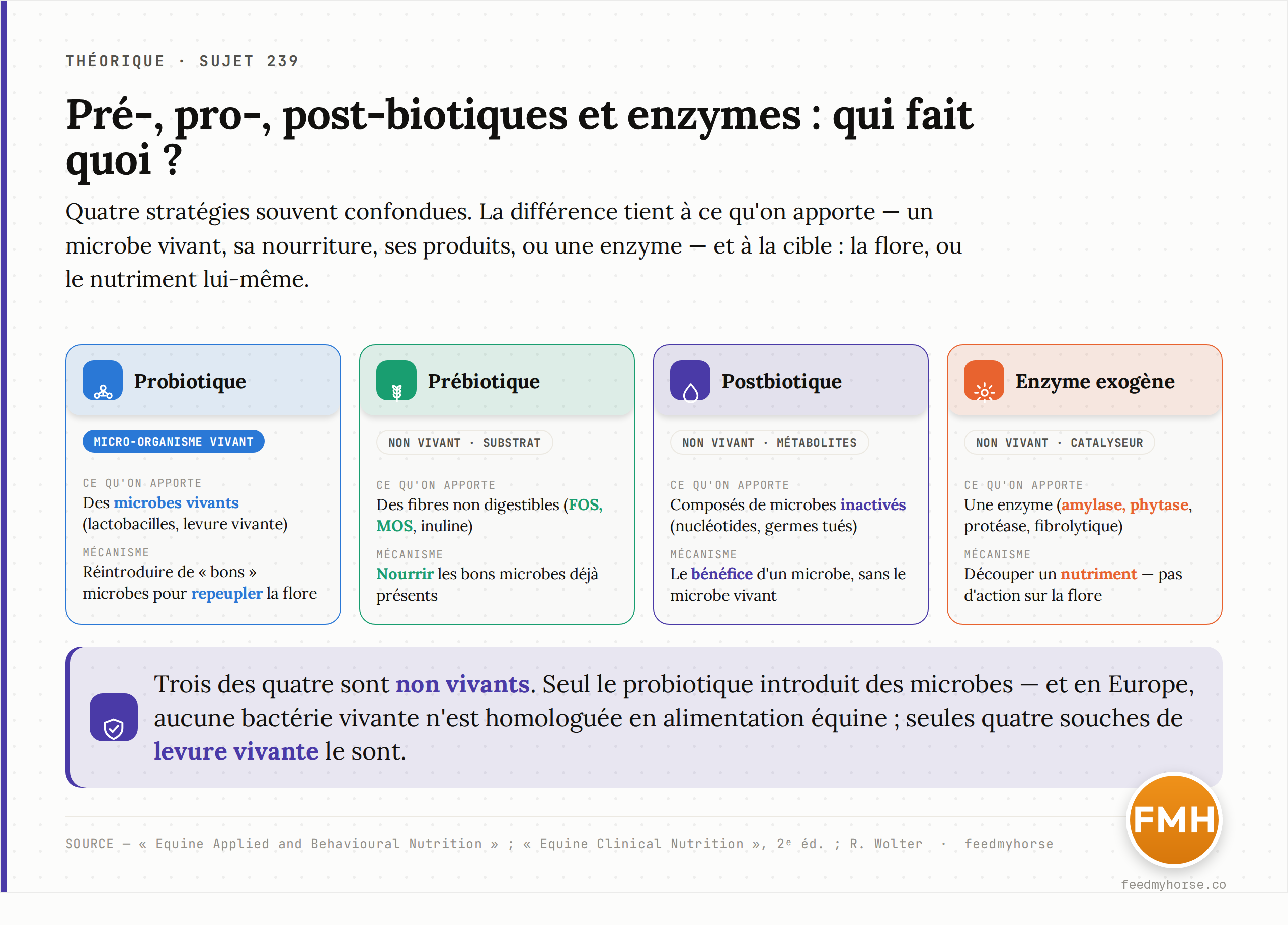 Quatre stratégies pour la digestion, quatre logiques distinctes : le probiotique apporte des microbes vivants, le prébiotique nourrit ceux qui sont déjà là, le postbiotique apporte des composés issus de microbes inactivés, et l'enzyme exogène agit sur le nutriment, pas sur la flore. Source : Equine Applied and Behavioural Nutrition ; Equine Clinical Nutrition ; R. Wolter.