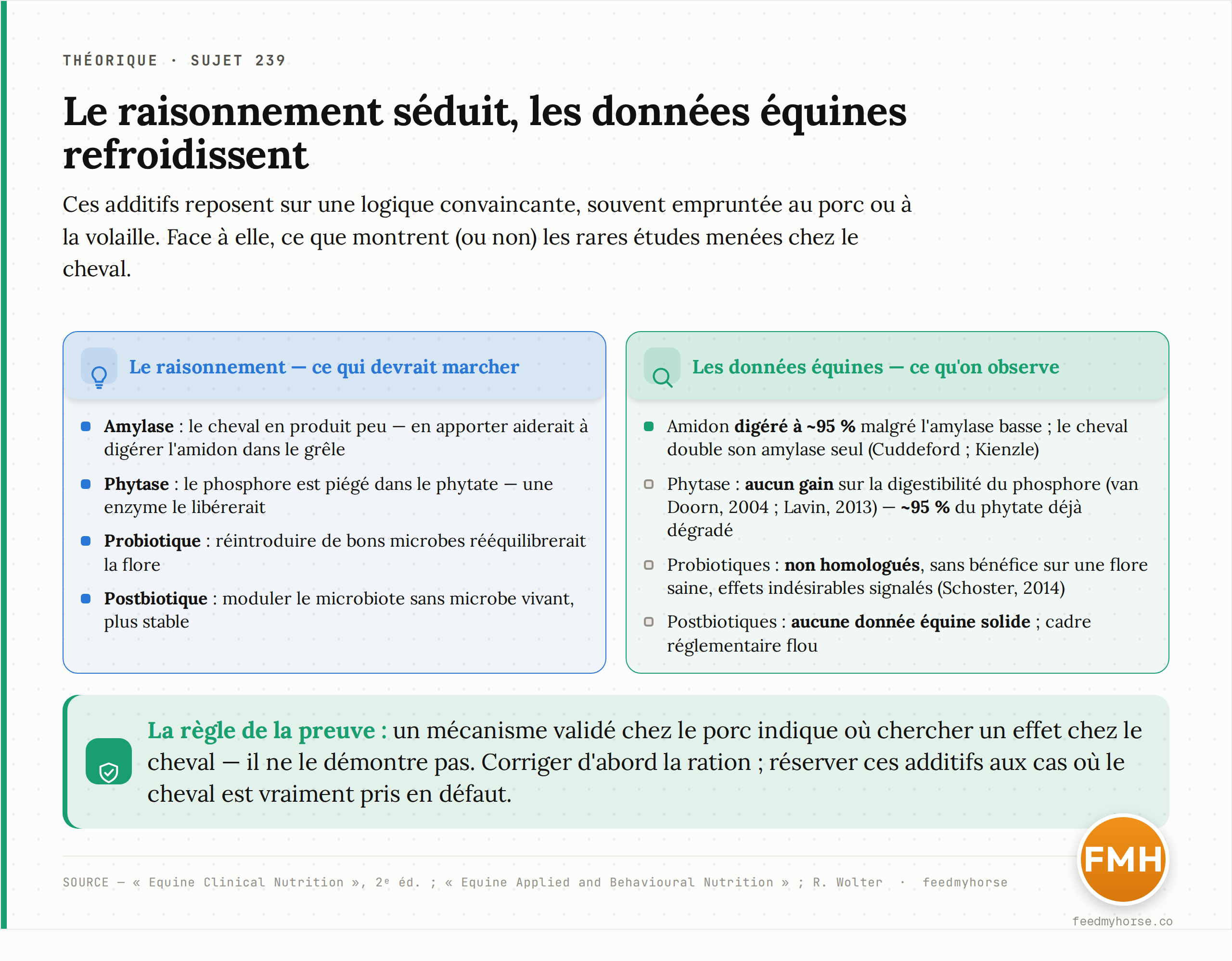 Le raisonnement séduisant se heurte souvent aux données équines : amylase faible mais amidon digéré à 95 %, phytase sans effet sur le phosphore, probiotiques non homologués et sans bénéfice démontré sur une flore saine. Source : Equine Clinical Nutrition ; Equine Applied and Behavioural Nutrition ; R. Wolter.