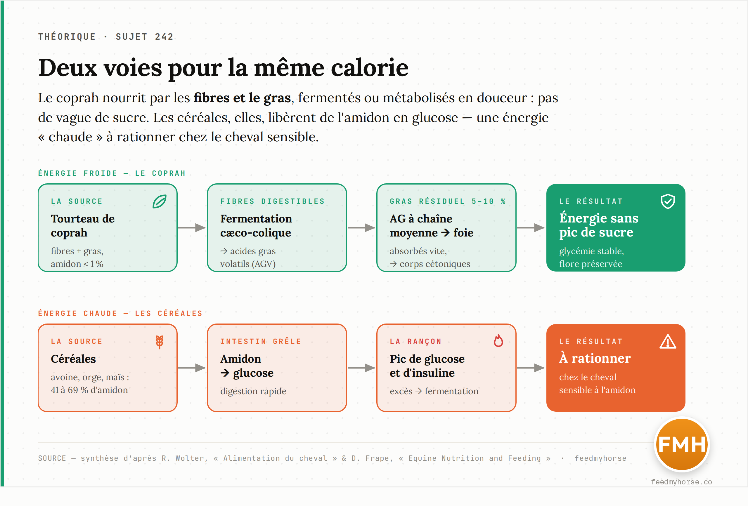 Schéma comparant deux voies d'apport énergétique : la voie « froide » du coprah (fibres digestibles fermentées en AGV, gras résiduel métabolisé par le foie) et la voie « chaude » des céréales (amidon → glucose → pic d'insuline, risque de surcharge fermentaire). Source : synthèse d'après R. Wolter, « Alimentation du cheval » et Frape, « Equine Nutrition and Feeding ».
