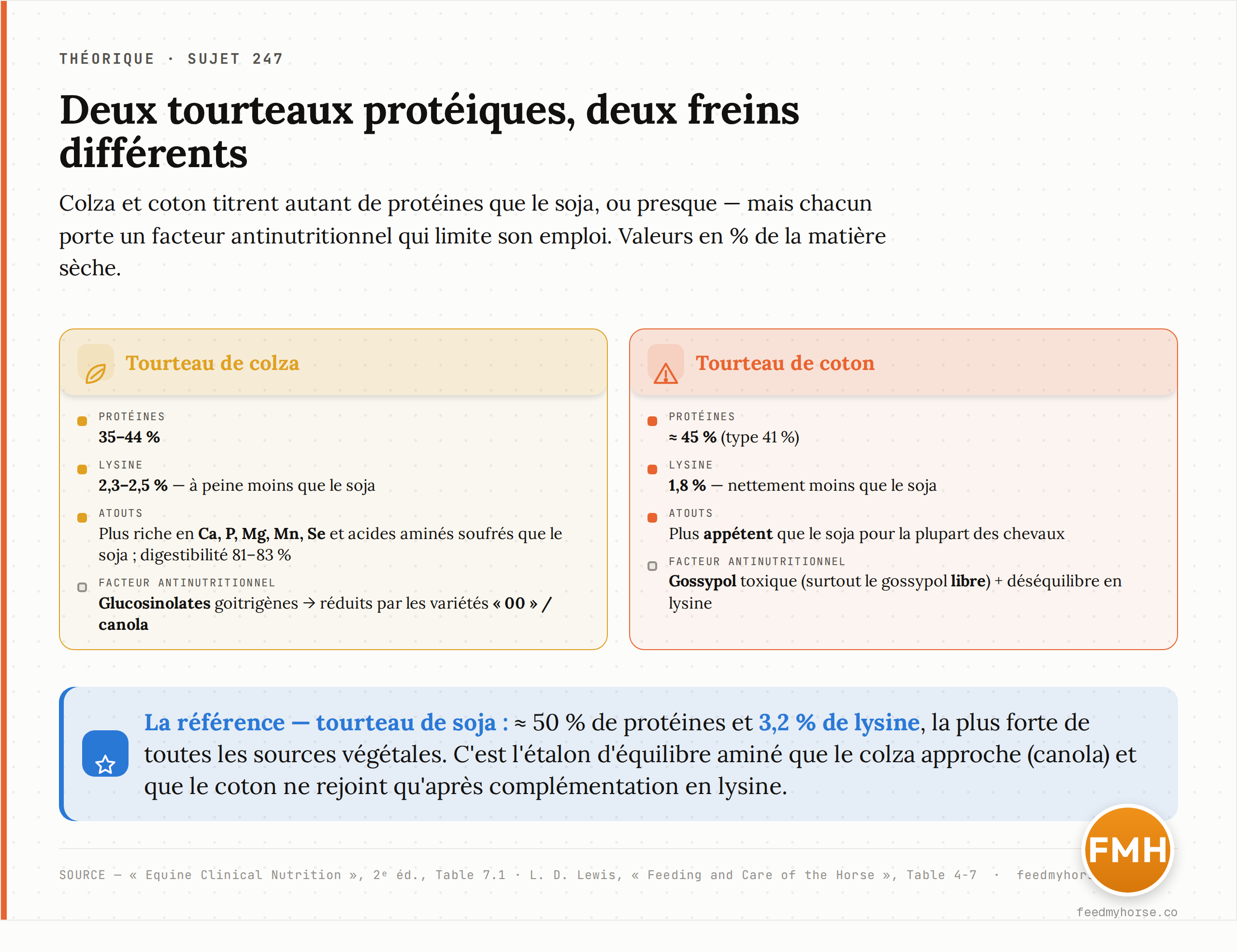 Carte d'identité comparée : à taux de protéines proche, le colza et le coton se distinguent par la lysine et surtout par le facteur antinutritionnel dominant. Sources : Equine Clinical Nutrition (2ᵉ éd.), tables de composition ; L. D. Lewis, Feeding and Care of the Horse, Table 4-7.
