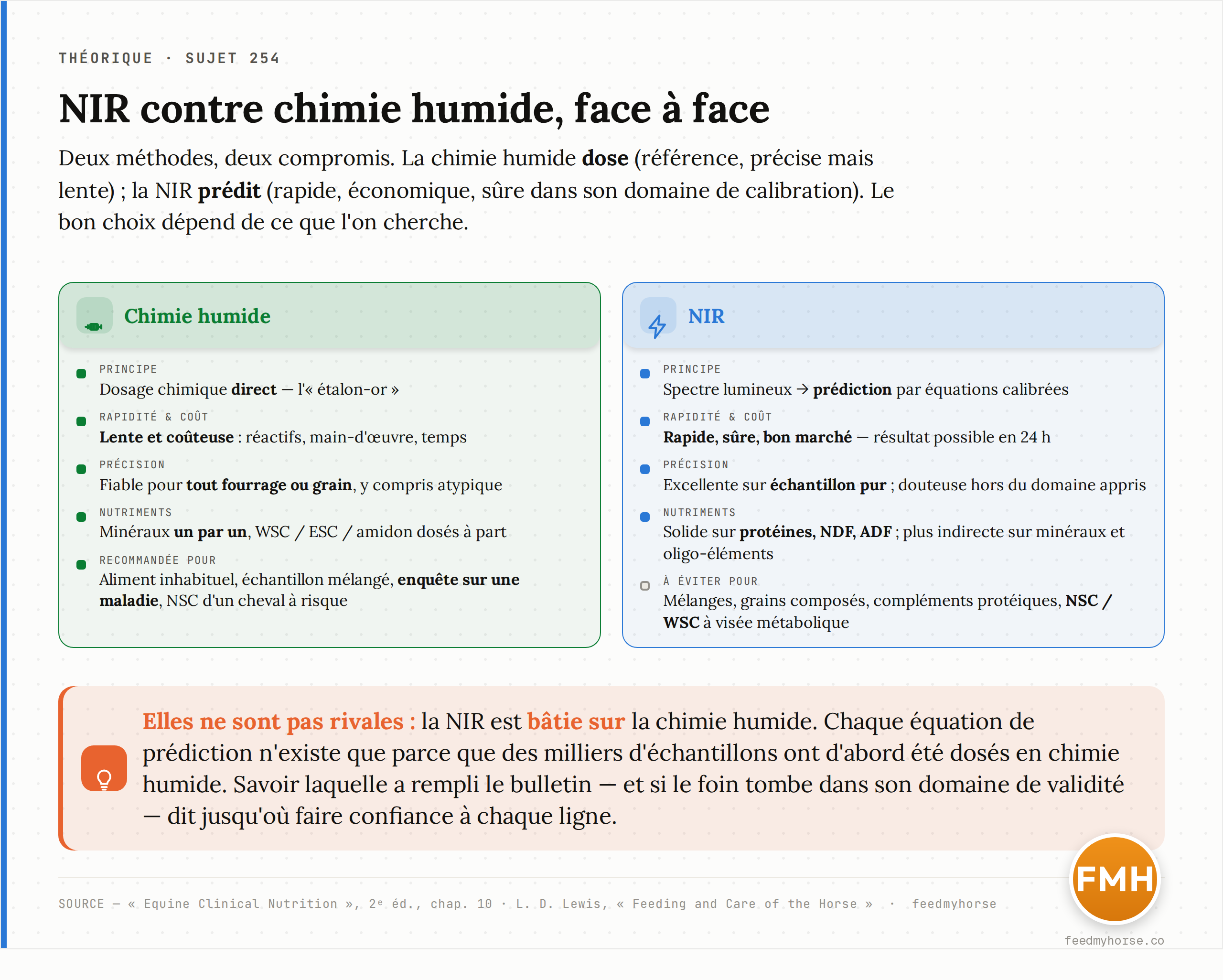 NIR contre chimie humide, face à face : la chimie humide dose directement (référence, précise mais lente et coûteuse) et reste requise pour les cas sensibles ; la NIR prédit à partir d'un spectre calibré (rapide, bon marché, excellente sur les constituants majeurs d'un échantillon pur, plus incertaine hors calibration). Source : Equine Clinical Nutrition, 2e éd., chap. 10 ; Lewis, Feeding and Care of the Horse.