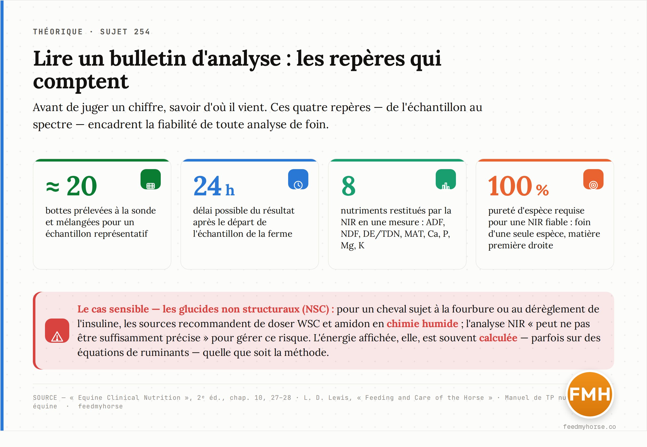 Quatre repères pour lire un bulletin d'analyse : un échantillon représentatif suppose une vingtaine de bottes prélevées à la sonde ; le résultat peut revenir en 24 h ; la NIR restitue en une mesure huit constituants majeurs (ADF, NDF, DE/TDN, protéines, Ca, P, Mg, K) ; sa fiabilité suppose un échantillon pur (foin d'une seule espèce). Pour les glucides non structuraux d'un cheval à risque, les sources recommandent la chimie humide. Source : Equine Clinical Nutrition, 2e éd., chap. 10, 27–28 ; Lewis ; manuel de TP nutrition équine.
