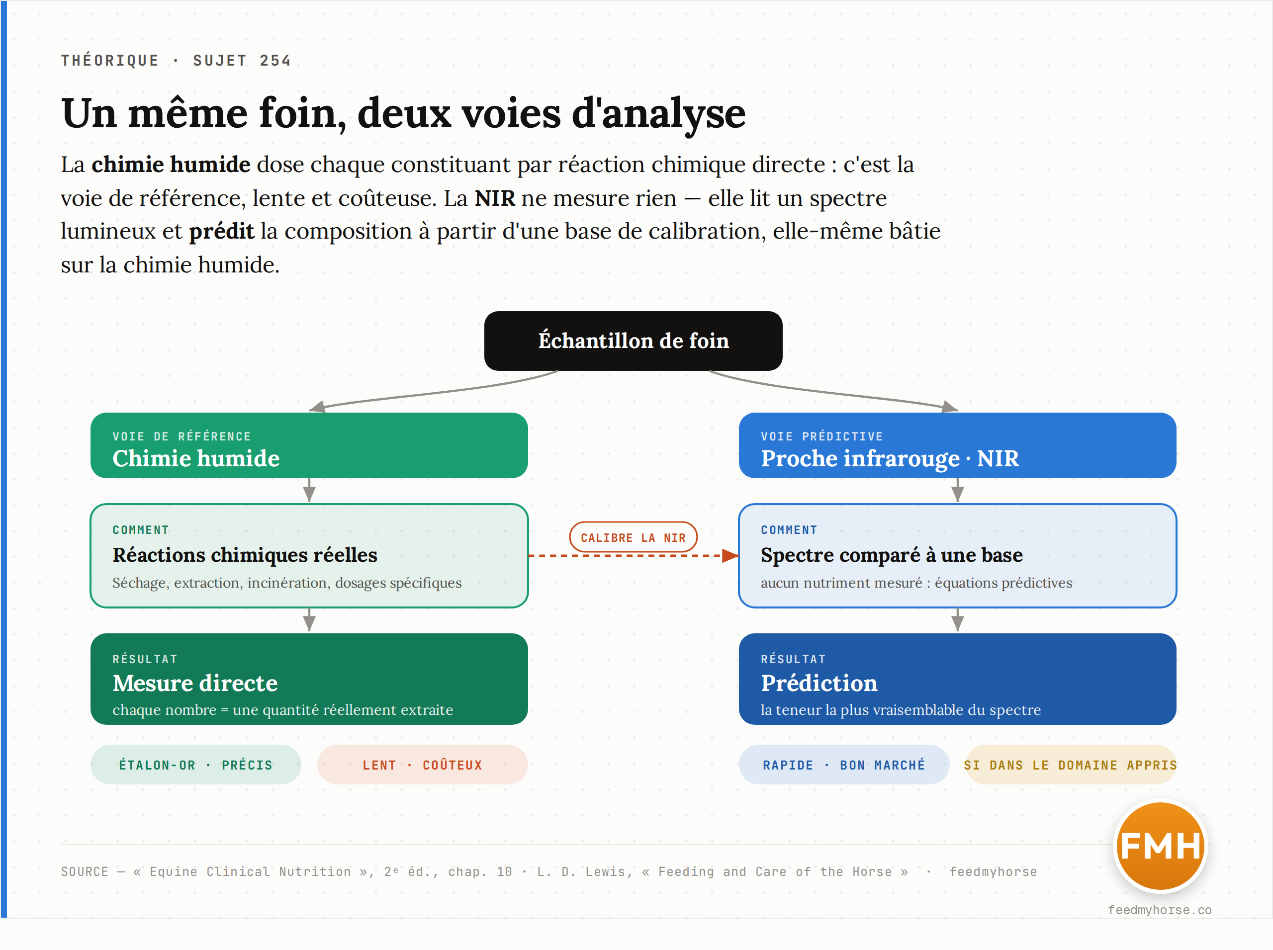 Deux voies d'analyse d'un même foin : la chimie humide dose chaque constituant par réaction chimique directe (voie de référence, lente et coûteuse) ; la NIR mesure un spectre lumineux et le compare à une base de calibration pour prédire la composition (voie rapide et bon marché). La calibration de la NIR est elle-même construite sur des milliers d'échantillons dosés en chimie humide. Source : Equine Clinical Nutrition, 2e éd., chap. 10 ; Lewis, Feeding and Care of the Horse.