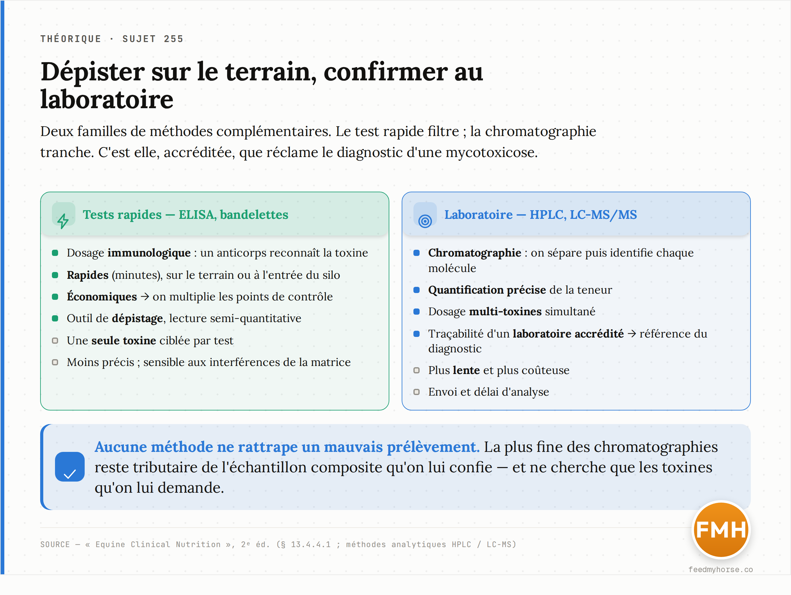 Comparaison des deux familles de méthodes de mesure. À gauche, les tests rapides (ELISA, bandelettes) : dépistage sur le terrain, rapides, économiques, une toxine par test, résultat semi-quantitatif. À droite, la chromatographie de laboratoire (HPLC, LC-MS/MS) : quantification précise et multi-toxines, laboratoire accrédité, référence pour le diagnostic, mais plus lente et plus coûteuse. Source : Equine Clinical Nutrition, 2ᵉ éd.
