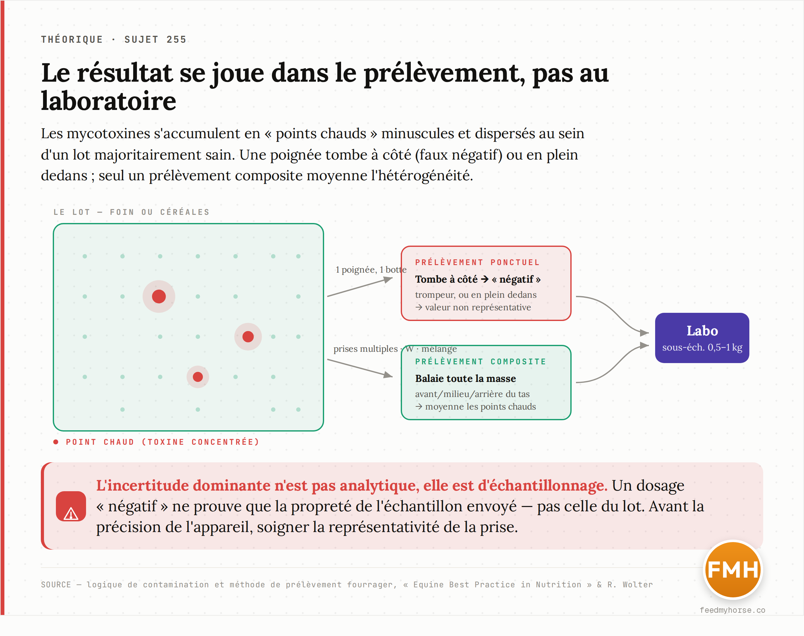 Schéma : les mycotoxines se concentrent en « points chauds » microscopiques ; un prélèvement ponctuel (une poignée) tombe à côté ou en plein dedans et donne un résultat non représentatif, tandis qu'un prélèvement composite — points multiples en W, à travers toute la masse, mélangés puis réduits à un sous-échantillon — moyenne l'hétérogénéité. Source : logique de contamination et méthode de prélèvement fourrager d'après Equine Best Practice in Nutrition et R. Wolter.
