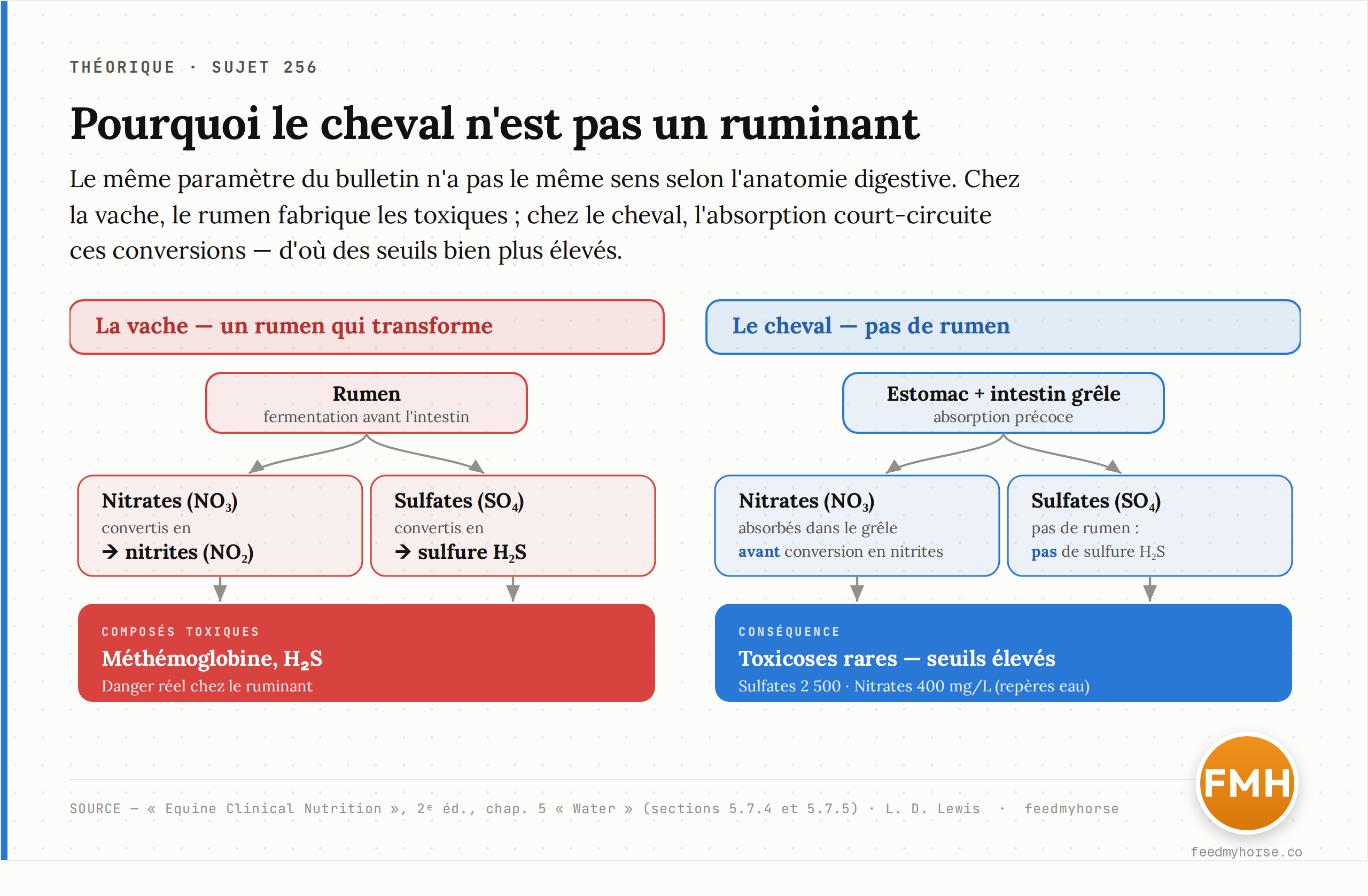 Pourquoi le même paramètre n'a pas le même sens chez la vache et chez le cheval : dans le rumen, nitrates et sulfates deviennent des toxiques (nitrites, sulfure d'hydrogène) ; chez le cheval, l'anatomie digestive court-circuite ces conversions. Source : Equine Clinical Nutrition, 2ᵉ éd., chap. 5.