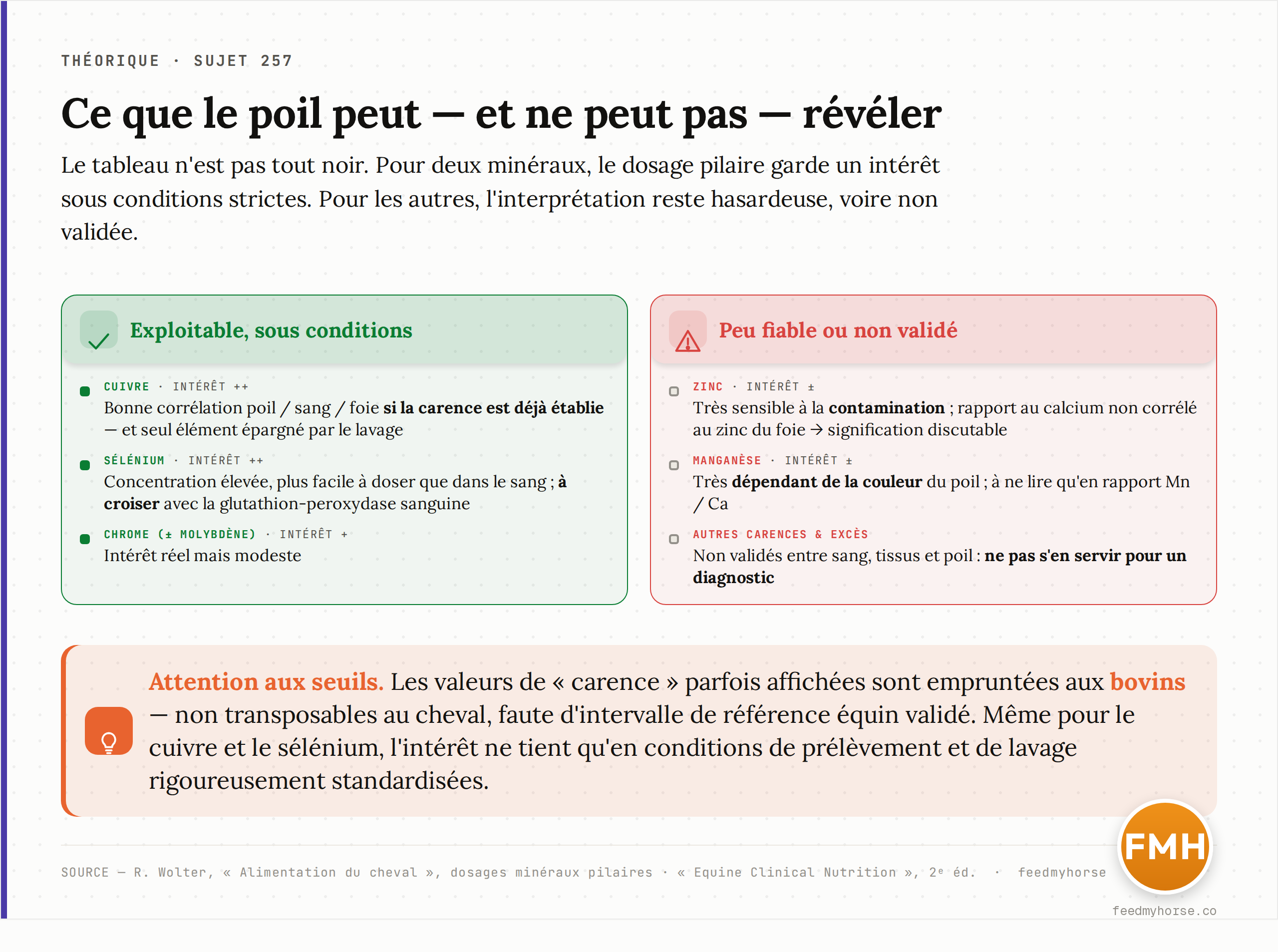 Comparaison : intérêt pratique du dosage minéral dans le poil selon l'élément — cuivre et sélénium exploitables sous conditions, zinc et manganèse peu fiables, autres non validés. Source : R. Wolter, dosages minéraux pilaires.