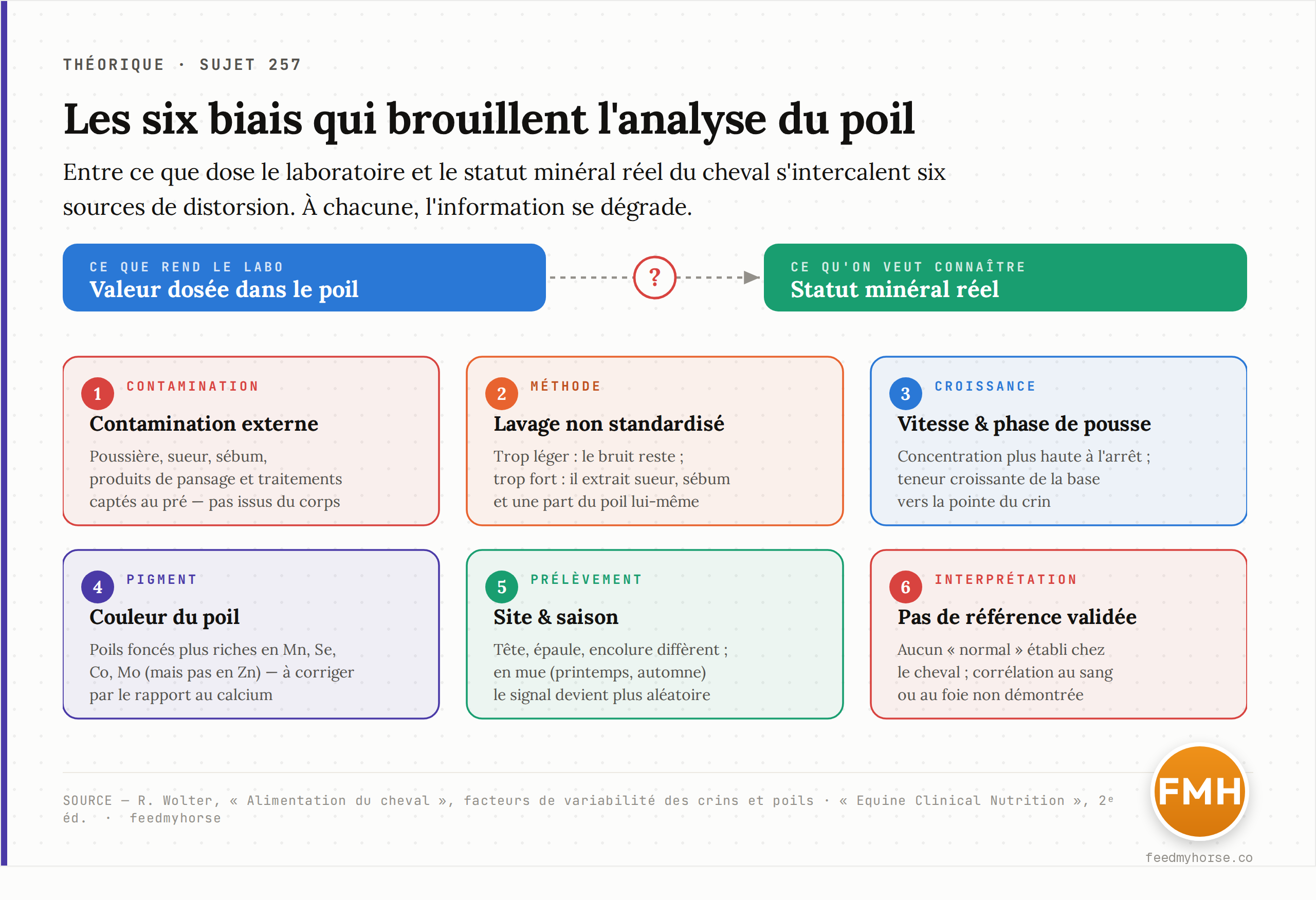 Schéma : les six biais qui séparent la valeur dosée du statut réel — contamination, lavage, pousse, couleur, site, absence de valeurs de référence validées. Source : R. Wolter, tableau des facteurs de variabilité des crins et poils.