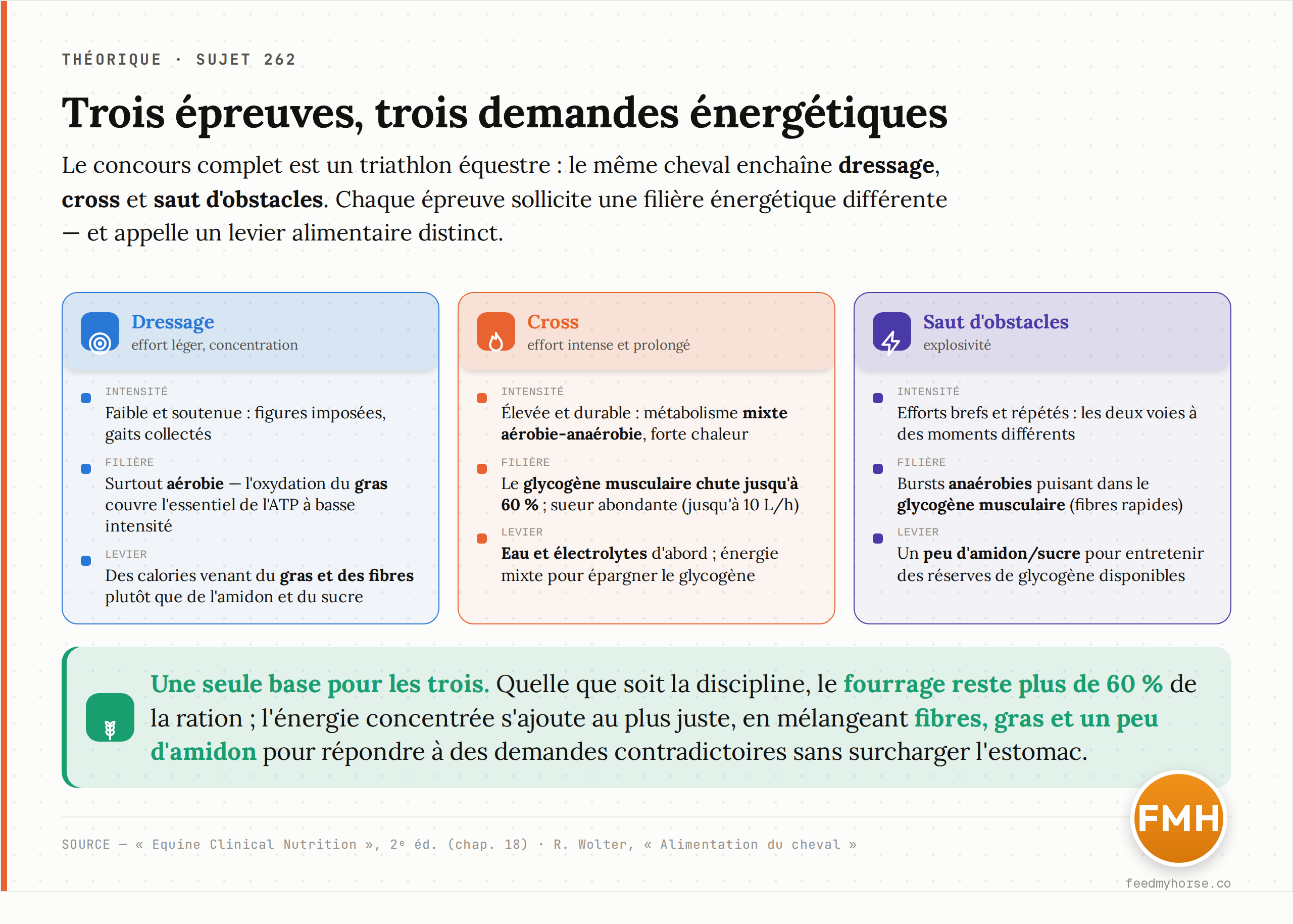 Les trois épreuves du complet et leurs filières énergétiques : le dressage (effort léger, oxydation du gras), le cross (effort intense et prolongé, métabolisme mixte, forte sueur) et le saut d'obstacles (explosivité anaérobie, glycogène musculaire). Le fourrage reste la base commune (>60 % de la ration). Source : Equine Clinical Nutrition, 2ᵉ éd., chap. 18 ; R. Wolter, Alimentation du cheval.