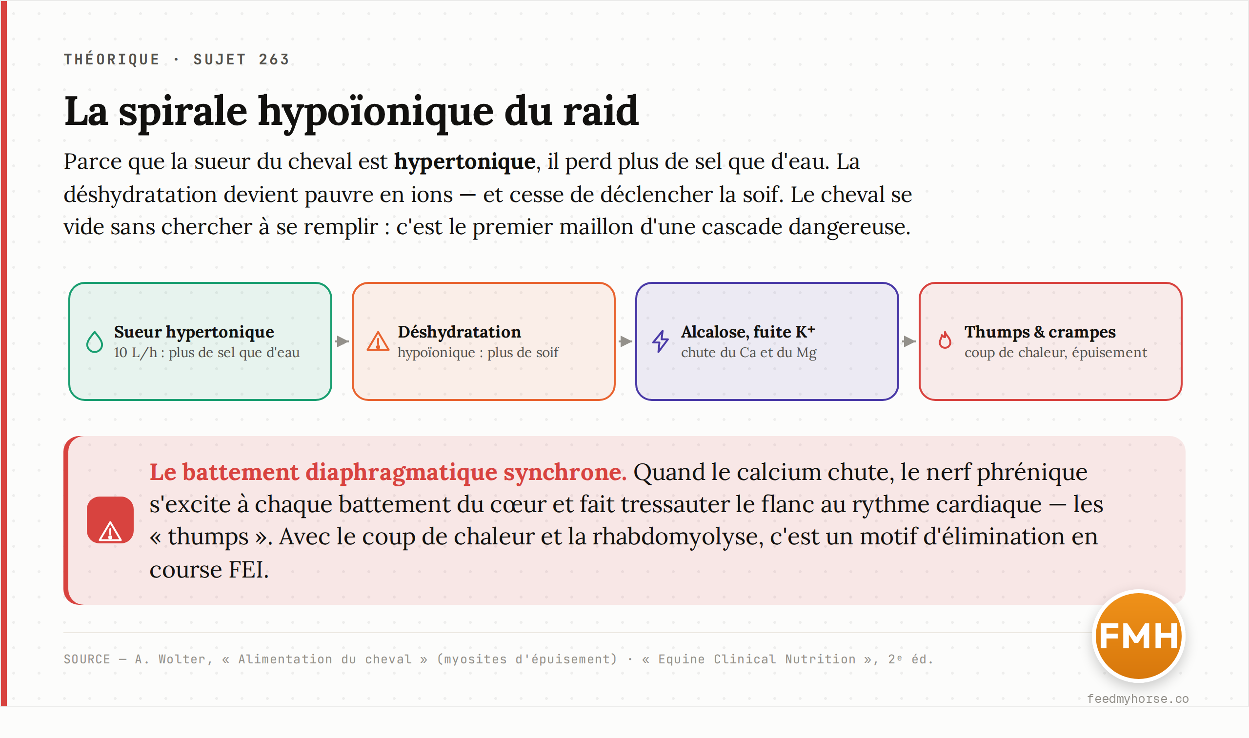 La spirale hypoïonique du raid : une sueur hypertonique fait perdre plus de sel que d'eau, si bien que la déshydratation ne déclenche plus la soif ; s'ensuivent alcalose, fuite de potassium et chute du calcium et du magnésium, qui débouchent sur crampes, thumps et coup de chaleur. Source : A. Wolter, Alimentation du cheval ; Equine Clinical Nutrition, 2ᵉ éd.