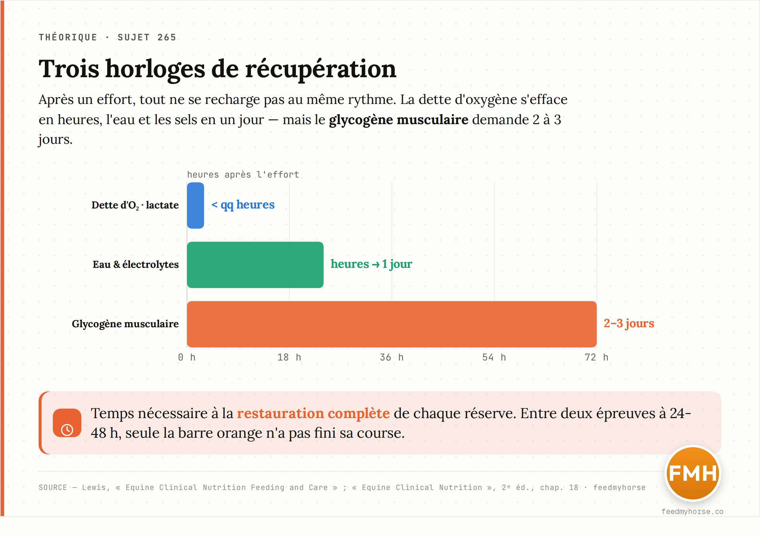 Trois horloges de récupération après un effort : la dette d'oxygène (lactate) s'efface en quelques heures, l'eau et les électrolytes se remplacent en heures à un jour, tandis que le glycogène musculaire demande 2 à 3 jours pour une recharge complète. Sources : Lewis, Equine Clinical Nutrition Feeding and Care ; Equine Clinical Nutrition, 2ᵉ éd., chap. 18.