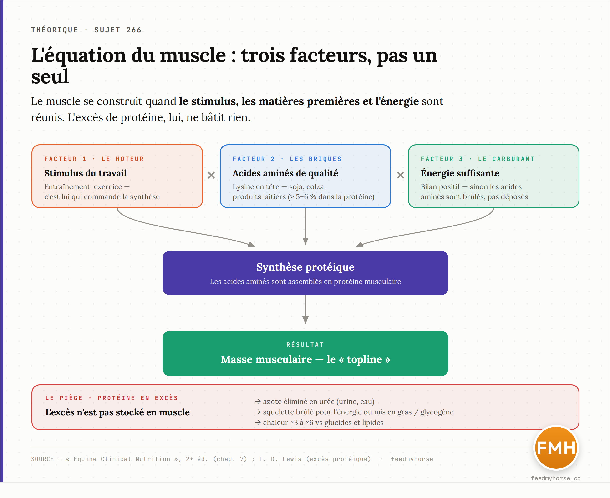 L'équation du muscle : trois facteurs indispensables — le stimulus du travail, des acides aminés de qualité (lysine en tête) et une énergie suffisante — convergent vers la synthèse protéique ; l'excès de protéine, lui, ne construit pas de muscle. D'après Equine Clinical Nutrition (2ᵉ éd.) et L. D. Lewis.
