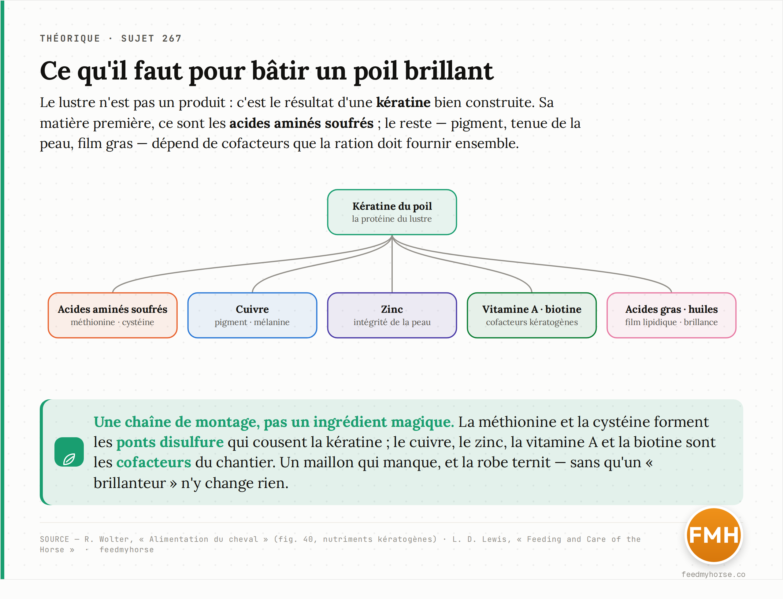 Schéma : la kératine du poil se construit autour des acides aminés soufrés (méthionine, cystéine, cystine) soudés par des ponts disulfure, avec le cuivre, le zinc, la vitamine A et la biotine comme cofacteurs, et un film de lipides pour la brillance. Source : Wolter, Alimentation du cheval (figure 40, nutriments kératogènes) ; Lewis, Feeding and Care of the Horse.