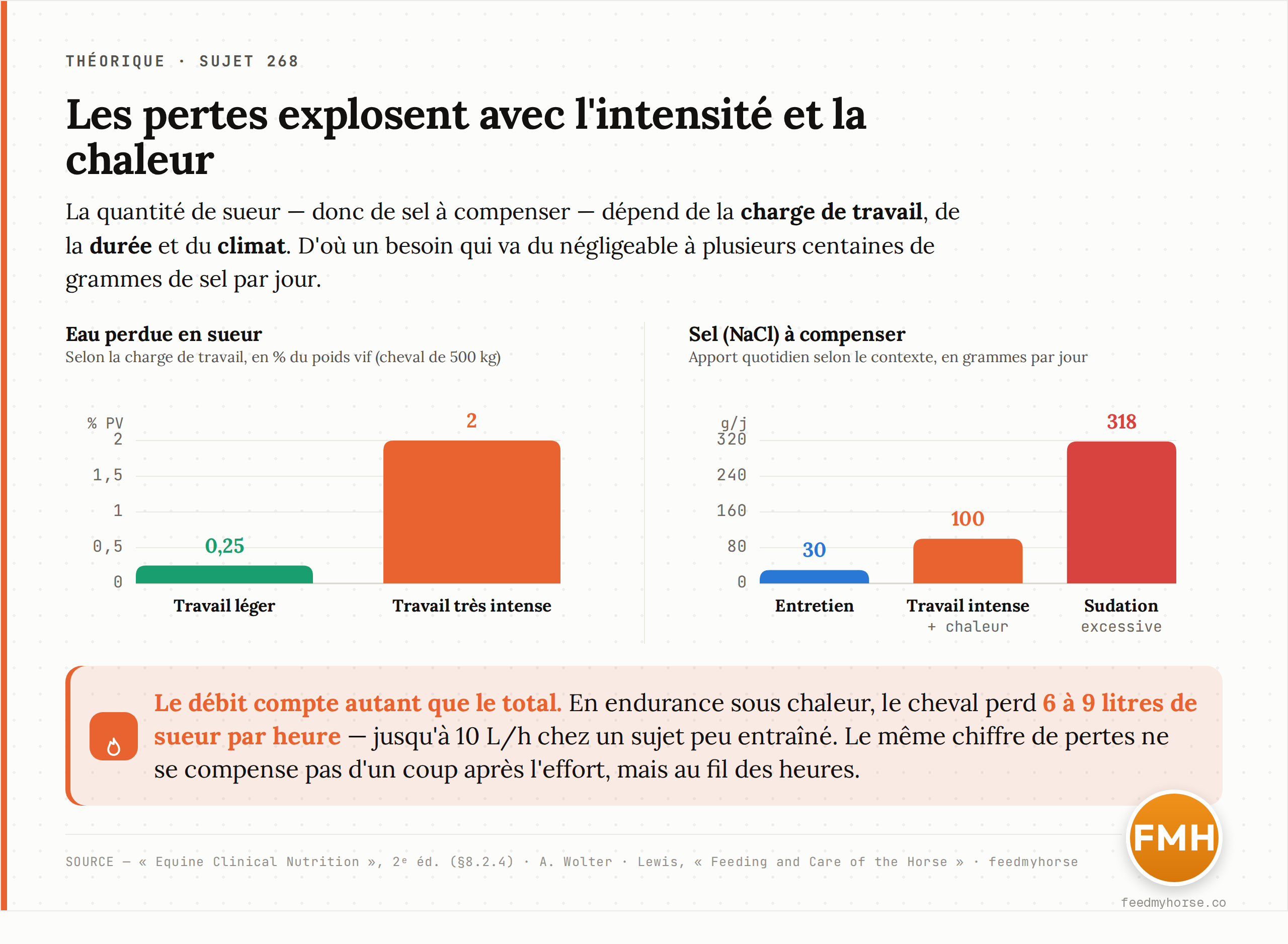 Pertes selon la charge et le climat. À gauche : eau perdue en sueur, de 0,25 % du poids vif au travail léger à 2 % au travail très intense (cheval de 500 kg). À droite : sel à compenser, de 30 g/j à l'entretien à ~100 g/j au travail intense sous chaleur (Wolter) et jusqu'à ~318 g/j en sudation excessive (Lewis). Sources : Equine Clinical Nutrition, 2ᵉ éd. ; A. Wolter ; Lewis.
