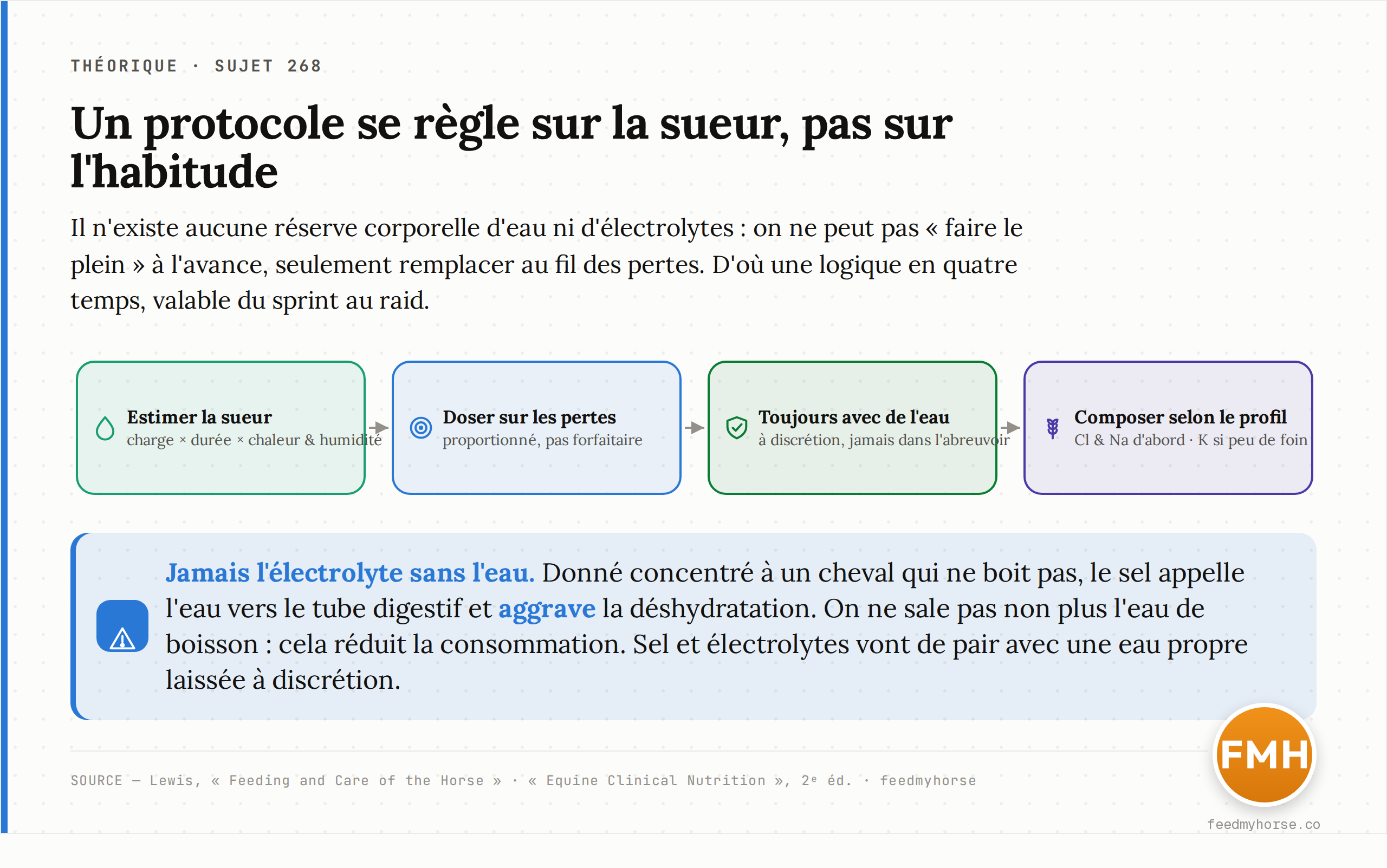 Protocole d'électrolytes en quatre temps, du sprint au raid : estimer la sueur (charge × durée × chaleur et humidité), doser sur les pertes plutôt que forfaitairement, toujours avec de l'eau à discrétion, composer selon le profil de la sueur (chlore et sodium d'abord, potassium si la ration est pauvre en fourrage). Sources : Lewis, Feeding and Care of the Horse ; Equine Clinical Nutrition, 2ᵉ éd.