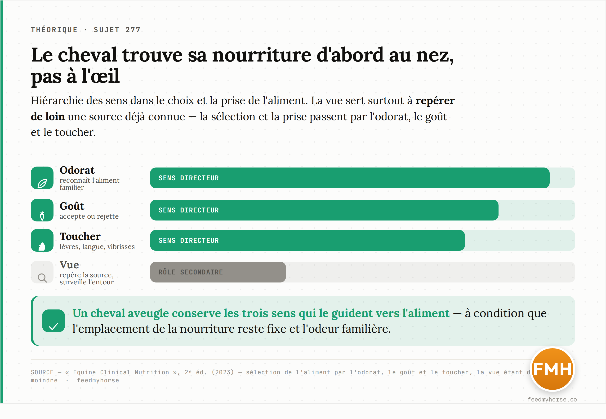 Le cheval hiérarchise ses sens pour manger : l'odorat, le goût et le toucher dominent, la vue reste secondaire. Un cheval aveugle conserve donc l'essentiel de son équipement sensoriel alimentaire, à condition que l'emplacement de la nourriture soit stable. Source : Equine Clinical Nutrition, 2ᵉ éd. (2023).