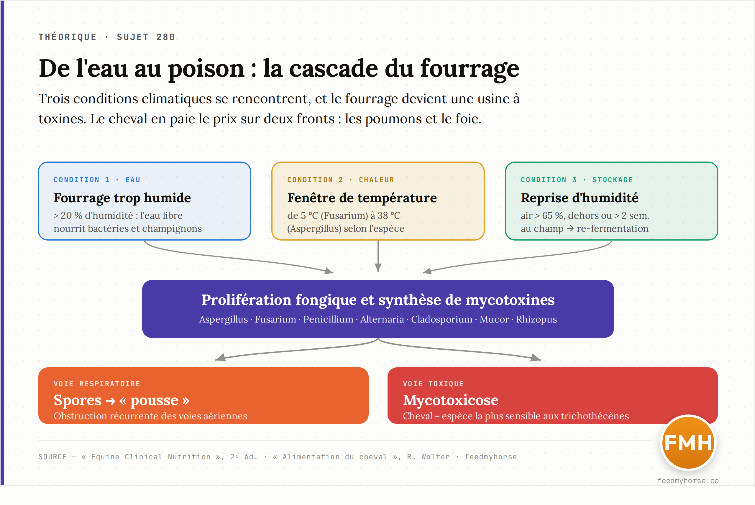 Fig. 3 — La cascade complète : trois conditions climatiques (eau, température, stockage) se rencontrent pour permettre la prolifération fongique et la synthèse de mycotoxines, qui frappent le cheval par deux voies — respiratoire (« pousse ») et toxique (mycotoxicose). Source : Equine Clinical Nutrition, 2ᵉ éd. ; Alimentation du cheval, R. Wolter.