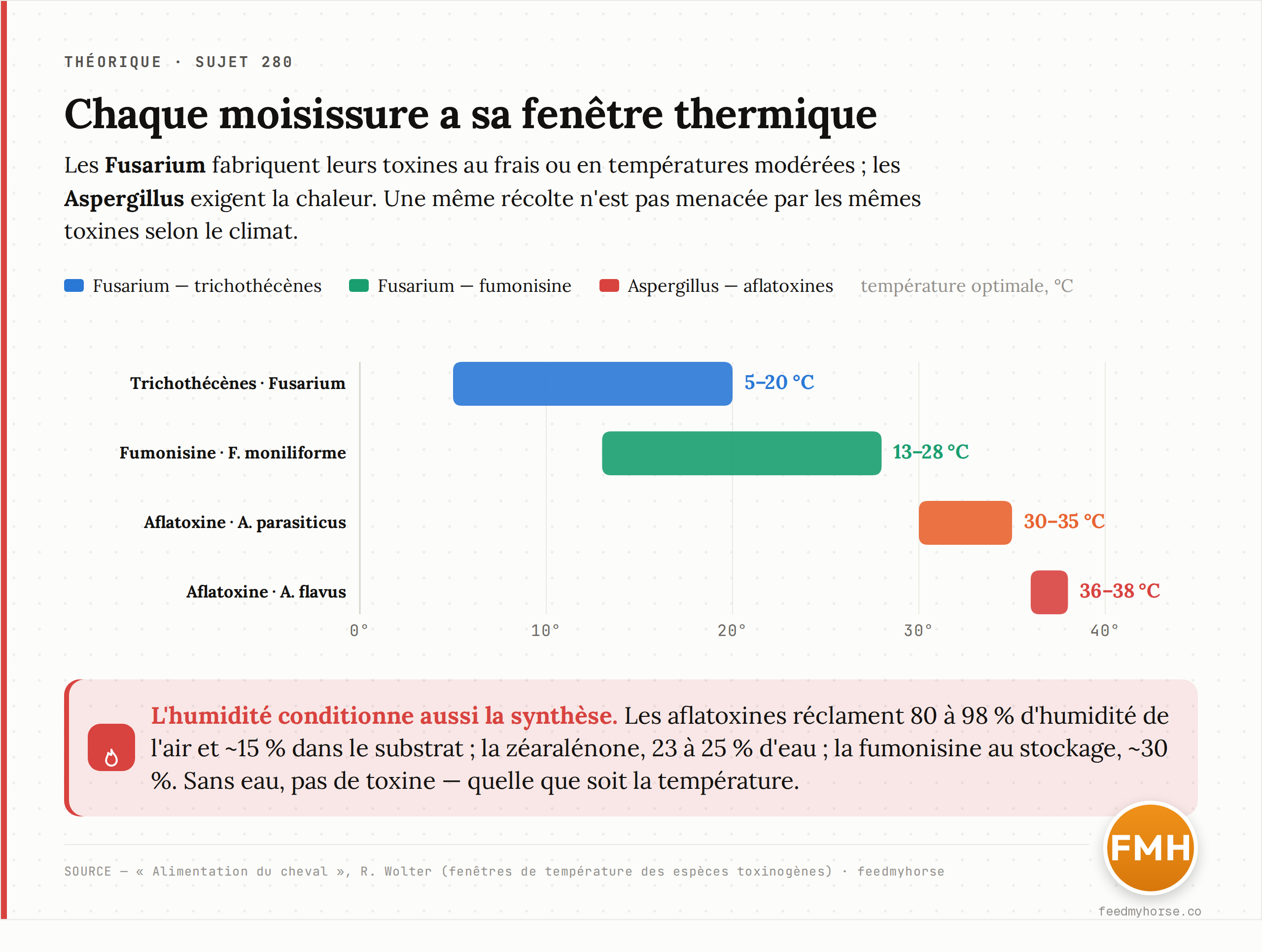 Fig. 2 — Chaque moisissure a sa fenêtre thermique. Les Fusarium (trichothécènes, fumonisine) opèrent au frais ou en températures modérées ; les Aspergillus (aflatoxines) exigent la chaleur. Une même récolte n'est pas exposée aux mêmes toxines selon le climat. Source : Alimentation du cheval, R. Wolter.
