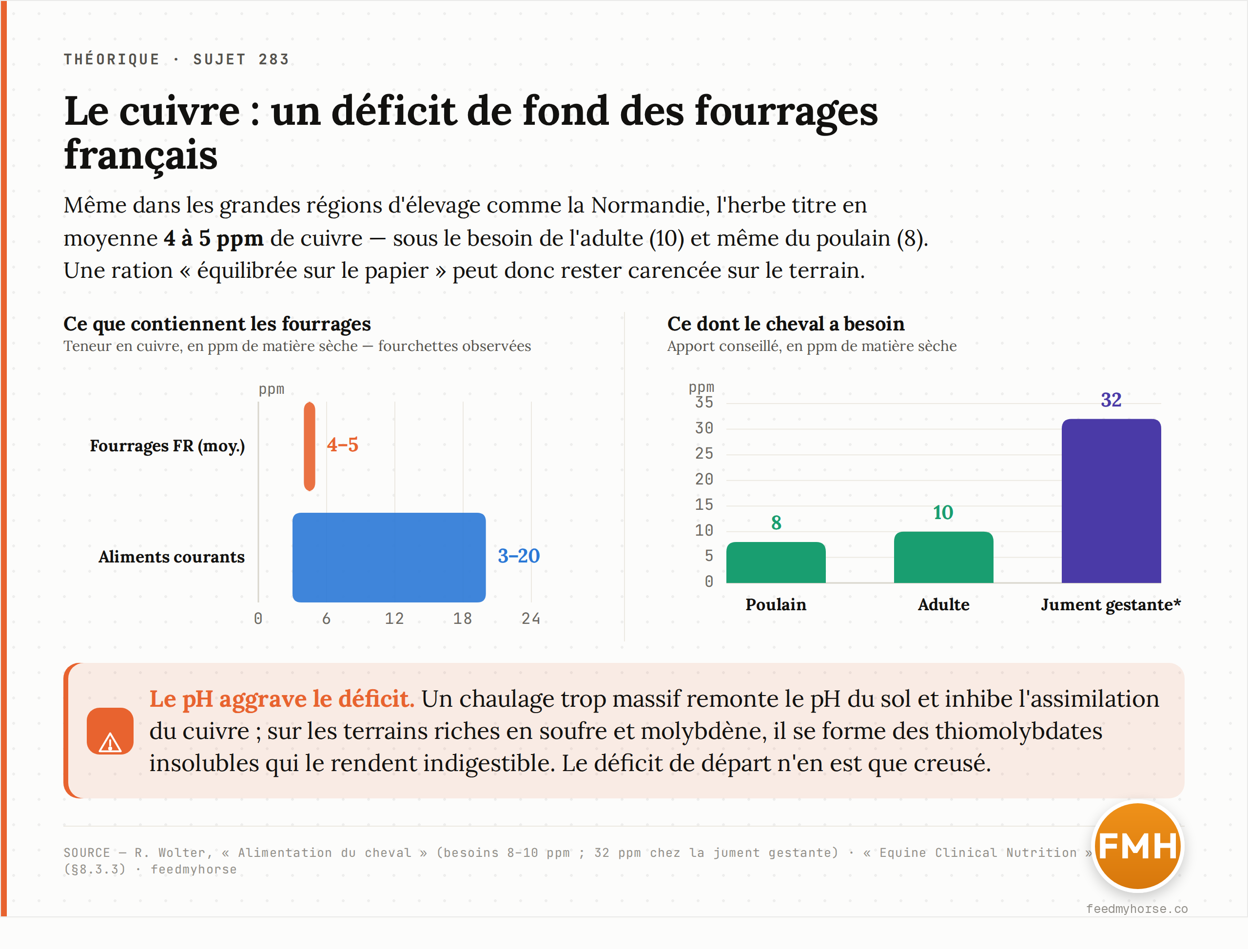 Graphique : les fourrages français titrent en moyenne 4 à 5 ppm de cuivre, sous le besoin du poulain (8 ppm) et de l'adulte (10 ppm) — et très loin des 32 ppm visés chez la jument gestante pour prévenir l'ostéochondrose. *Estimation issue de travaux sur la prévention de l'ostéochondrose. Source : Wolter, Alimentation du cheval ; Equine Clinical Nutrition (§8.3.3).