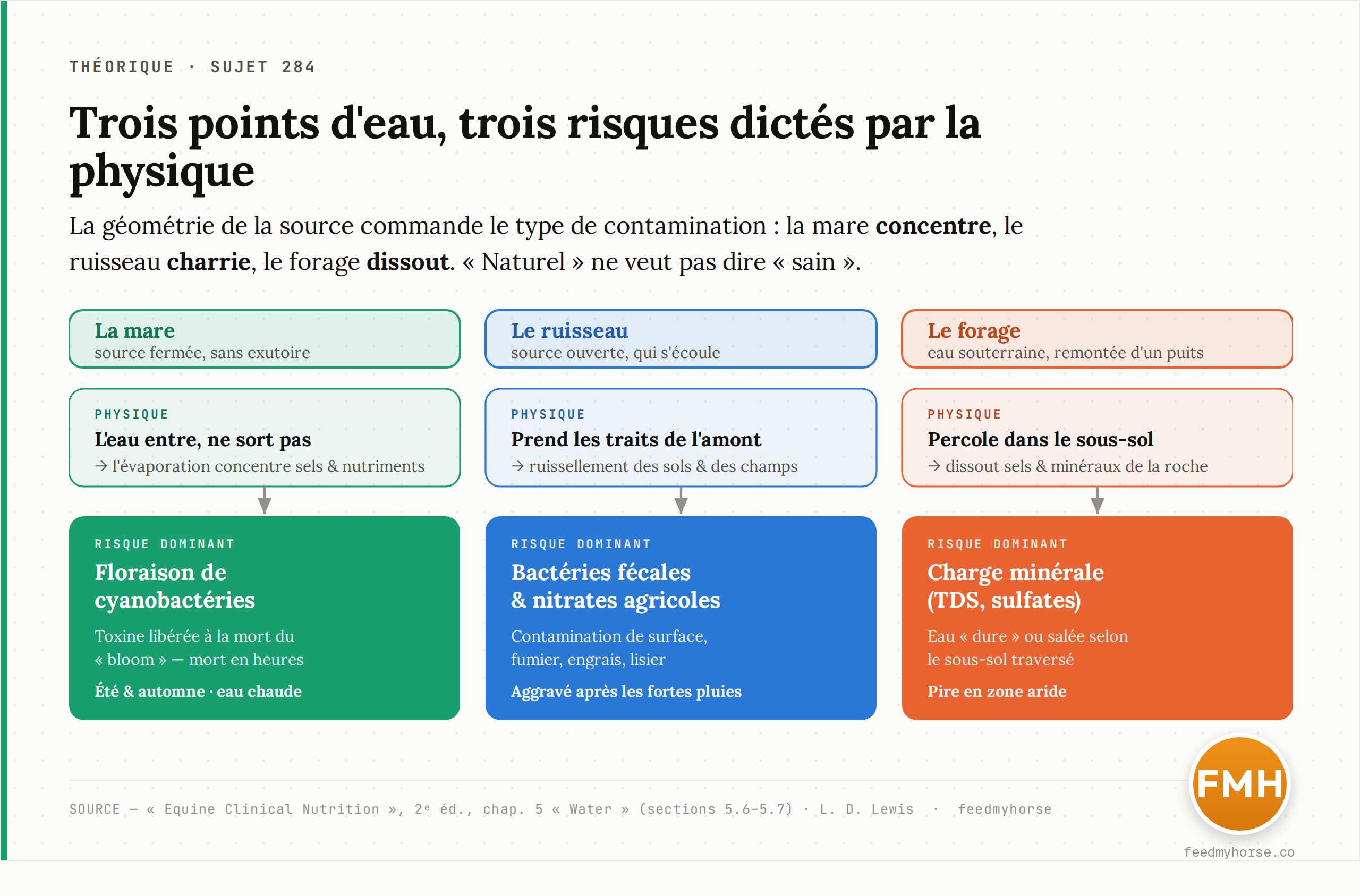 Schéma : trois points d'eau naturels et le risque dominant que chacun impose, dicté par sa physique — la mare concentre, le ruisseau charrie, le forage dissout. Source : Equine Clinical Nutrition, 2ᵉ éd., chap. 5 ; L. D. Lewis.