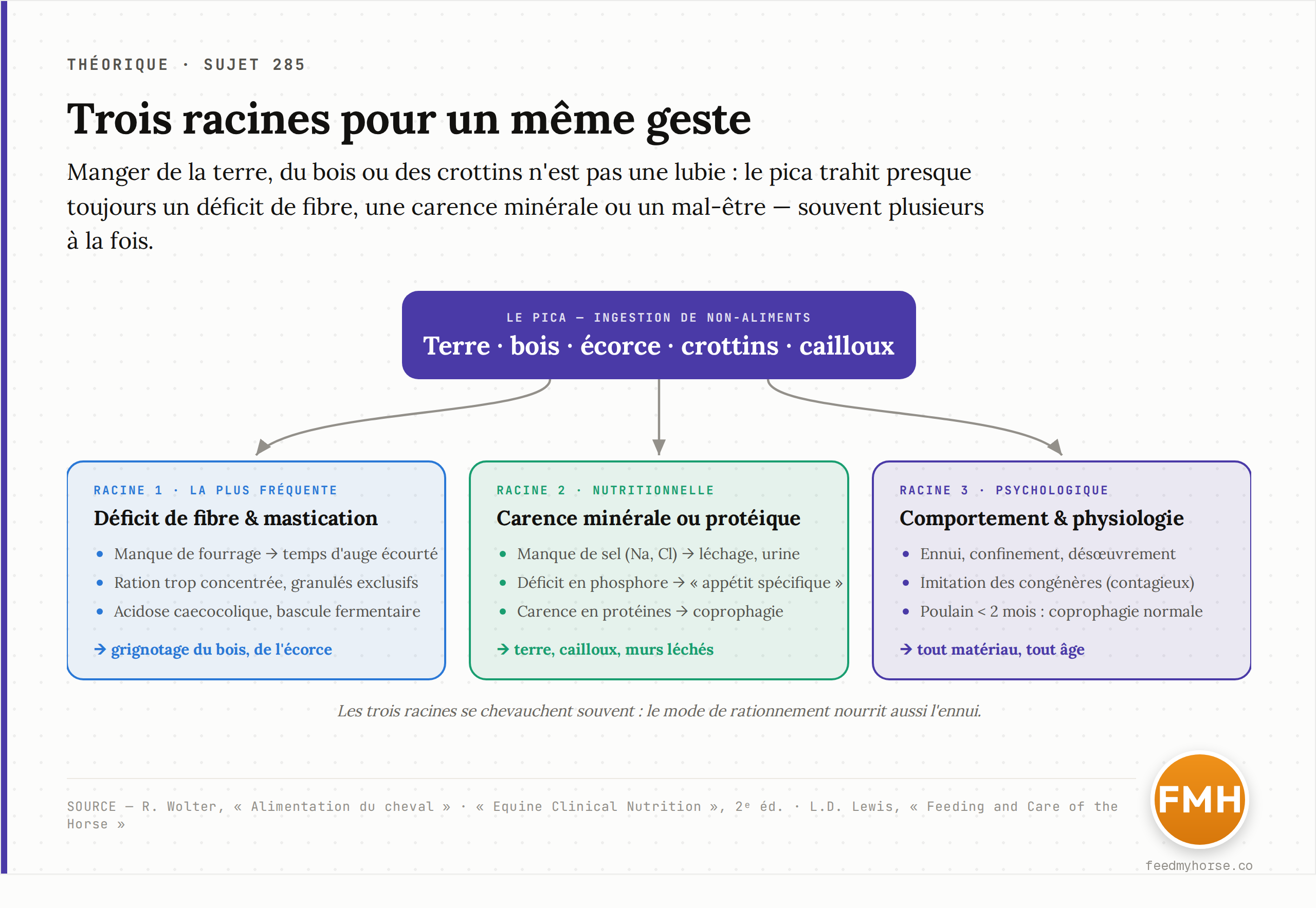 Les trois grandes racines du pica : le déficit de fibre et de mastication (souvent liée à l'ennui et à une ration trop concentrée), la carence minérale ou protéique, et les causes comportementales et physiologiques. Elles se recoupent fréquemment. Source : Wolter, « Alimentation du cheval » ; Equine Clinical Nutrition, 2ᵉ éd. ; Lewis, « Feeding and Care of the Horse ».