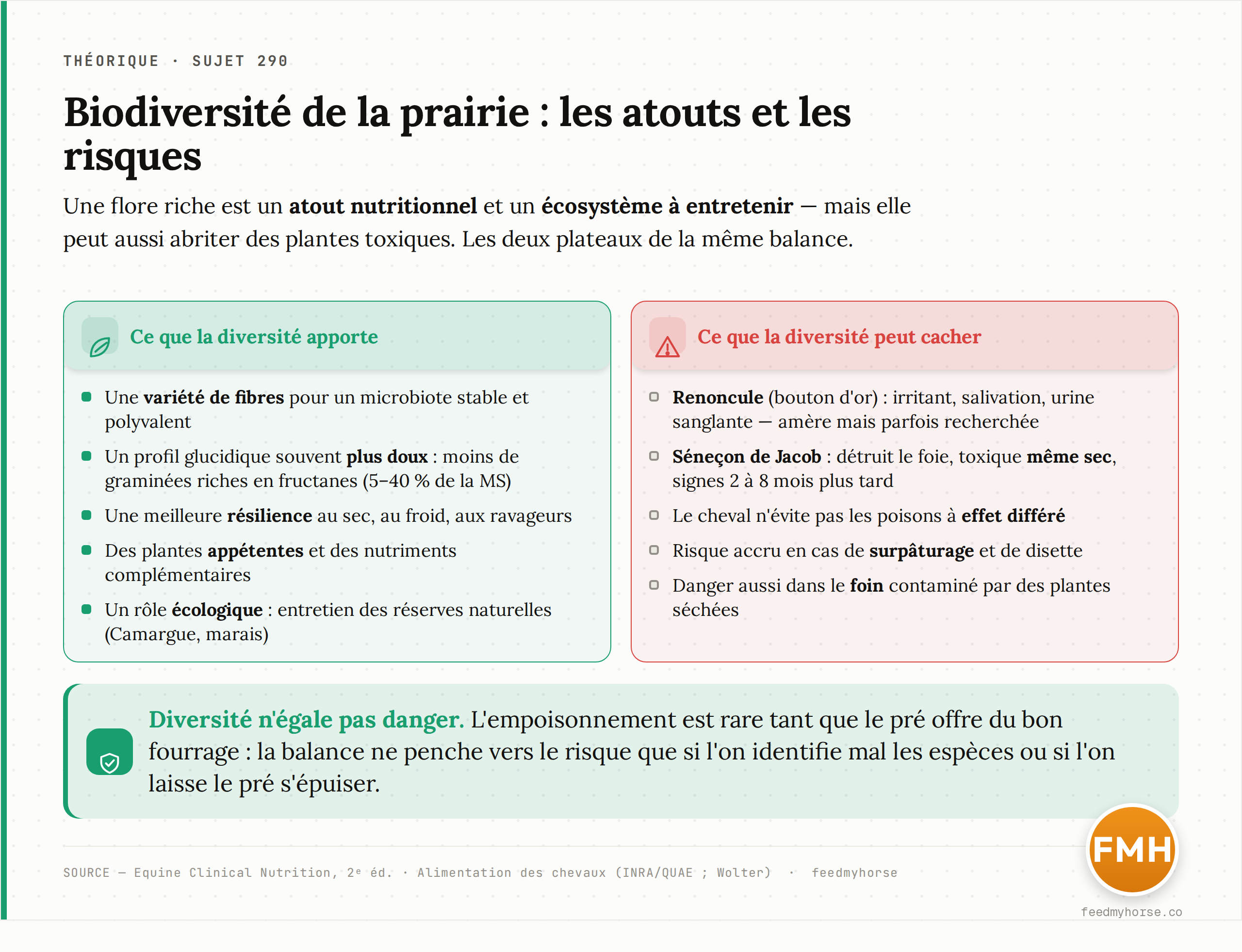 Schéma : la biodiversité d'une prairie porte à la fois des atouts nutritionnels et des risques. La balance ne penche vers le danger que si l'on laisse le pré se dégrader ; elle reste du côté du bénéfice dès lors que l'on identifie et maîtrise les espèces à risque. Source : synthèse d'après Equine Clinical Nutrition, 2ᵉ éd. (ch. 10, 11, 12) et Alimentation des chevaux (INRA/QUAE, Wolter).
