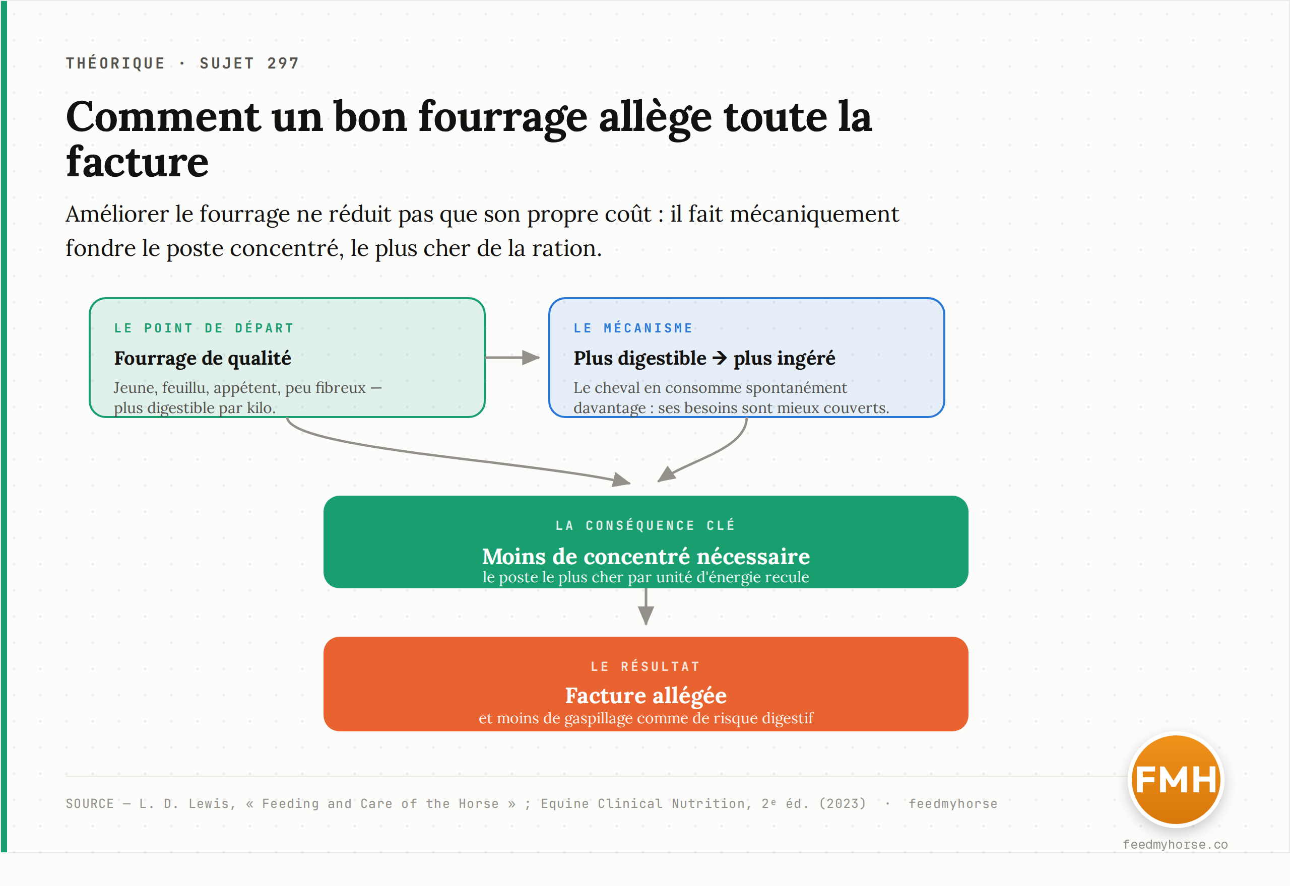 Cascade économique du fourrage de qualité : un meilleur fourrage est plus digestible, donc plus ingéré et plus nourrissant, ce qui réduit le besoin de concentré — le poste le plus cher — et allège la facture tout en limitant les risques digestifs. Sources : Lewis ; Equine Clinical Nutrition, 2ᵉ éd.