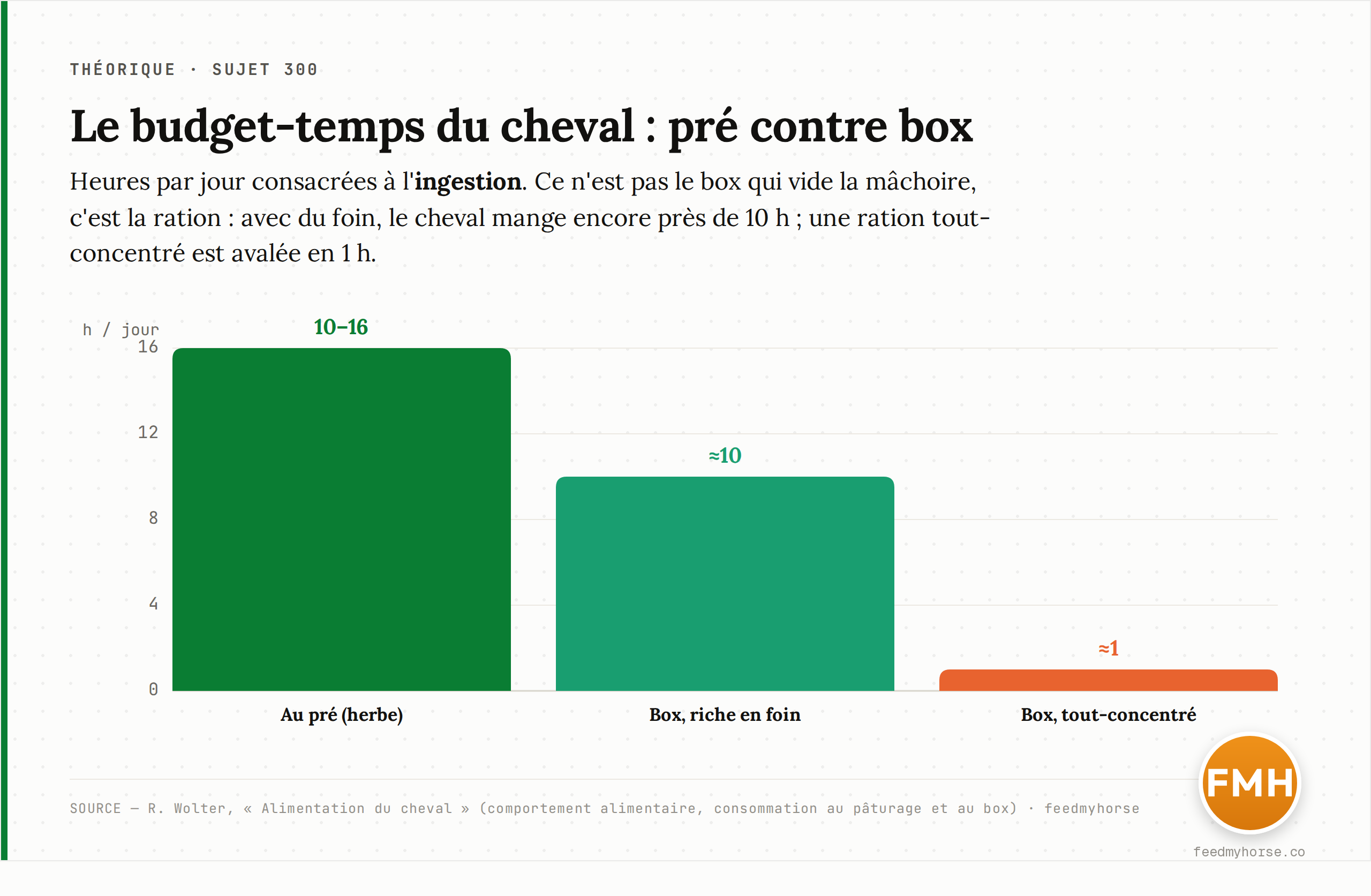Le budget-temps du cheval sur 24 h. Au pré, l'ingestion d'herbe occupe 10 à 16 h par jour (jusqu'aux deux tiers du temps) ; au box avec une ration riche en foin, encore près de 10 h (40 % des 24 h) ; mais une ration entièrement conditionnée est avalée en une heure à peine. Source : R. Wolter, Alimentation du cheval.