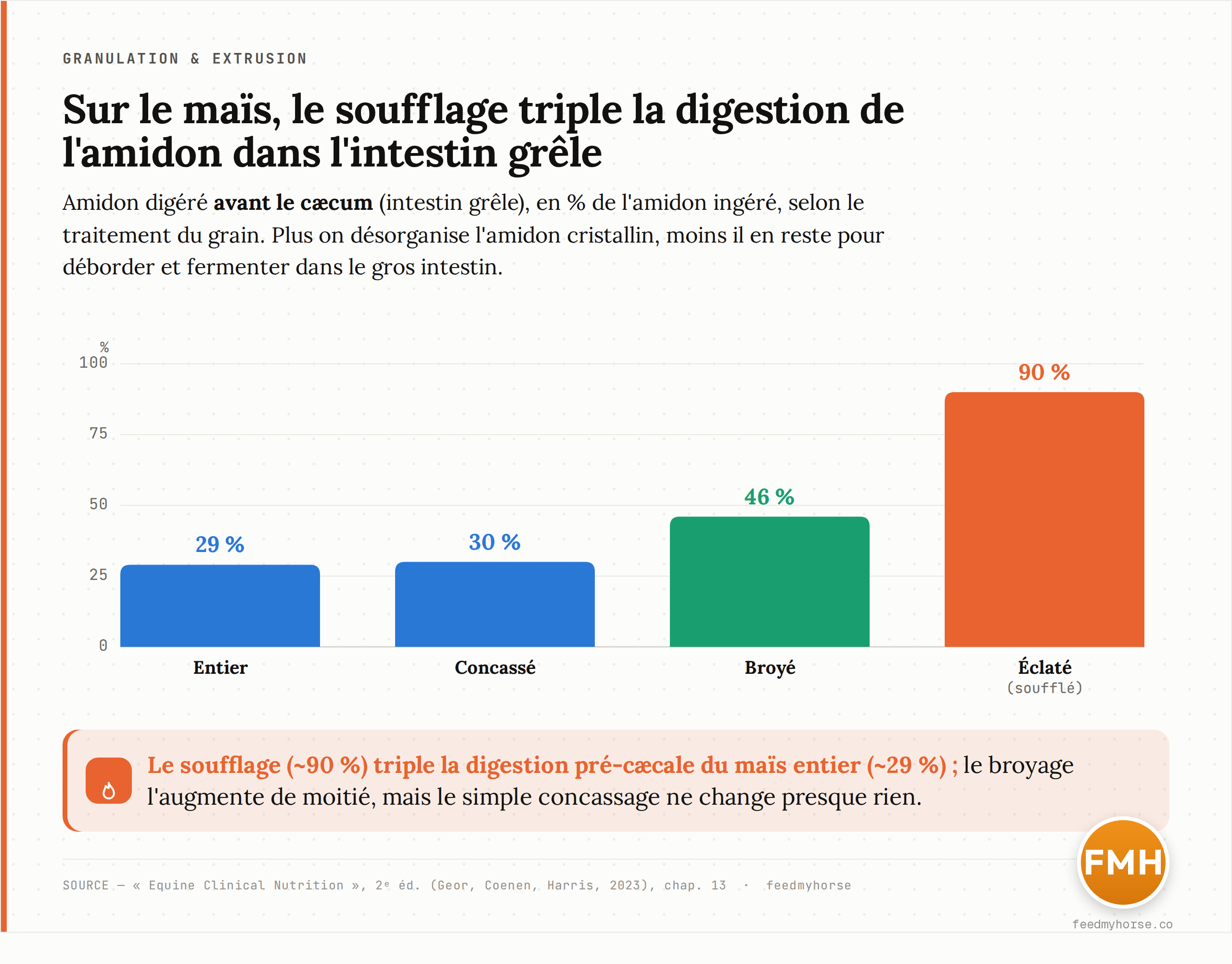 Digestibilité pré-iléale (avant le cæcum) de l'amidon du maïs selon le traitement : entier 29 %, concassé 30 %, broyé 46 %, éclaté/soufflé 90 %. Le traitement thermique intense (soufflage) triple la fraction d'amidon digérée dans l'intestin grêle. Source : Equine Clinical Nutrition, 2e éd. (Geor, Coenen, Harris, 2023).