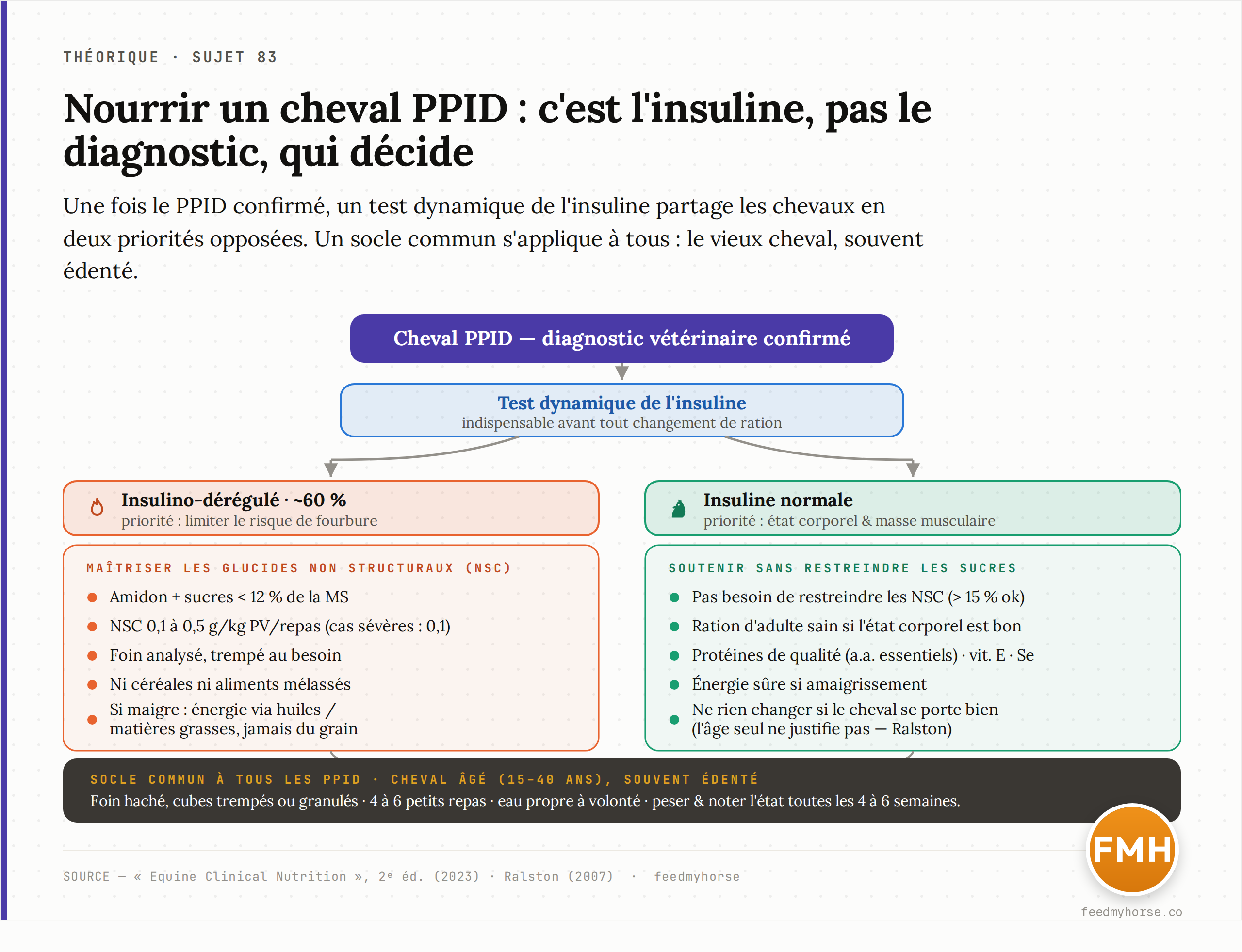 Arbre de décision nutritionnelle dans le PPID. Une fois le diagnostic posé, le test de l'insuline oriente vers deux priorités opposées : limiter les glucides non structuraux contre la fourbure chez l'insulino-dérégulé, soutenir l'état et le muscle chez celui à insuline normale. Un socle commun (cheval âgé, souvent édenté) s'applique à tous. Source : Equine Clinical Nutrition, 2023 ; Ralston, 2007.