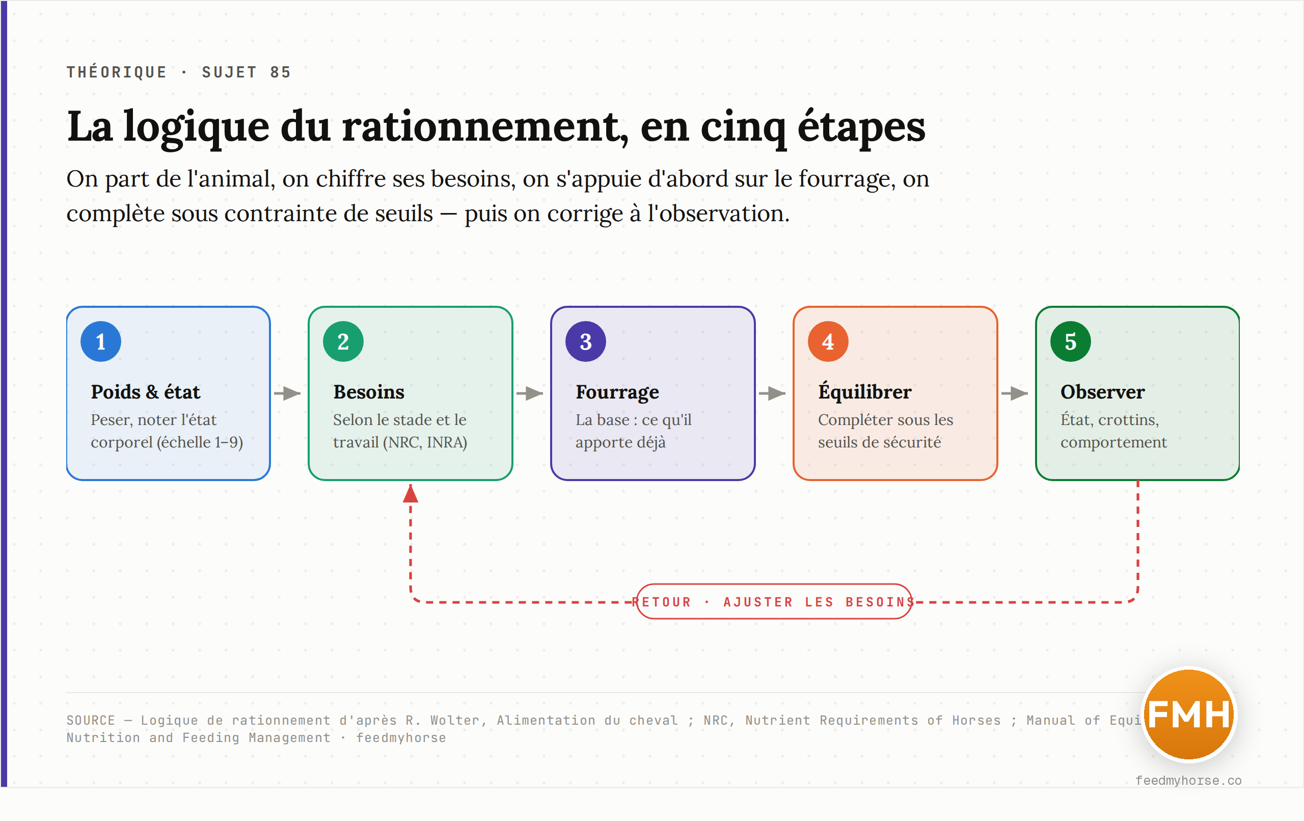 Schéma explicatif : la logique du rationnement en cinq étapes — (1) estimer le poids vif et l'état corporel, (2) déterminer les besoins selon le stade ou le travail, (3) évaluer les apports du fourrage pris comme base, (4) compléter et équilibrer en respectant les seuils, (5) vérifier à l'observation et ajuster, avec un retour vers l'étape des besoins.