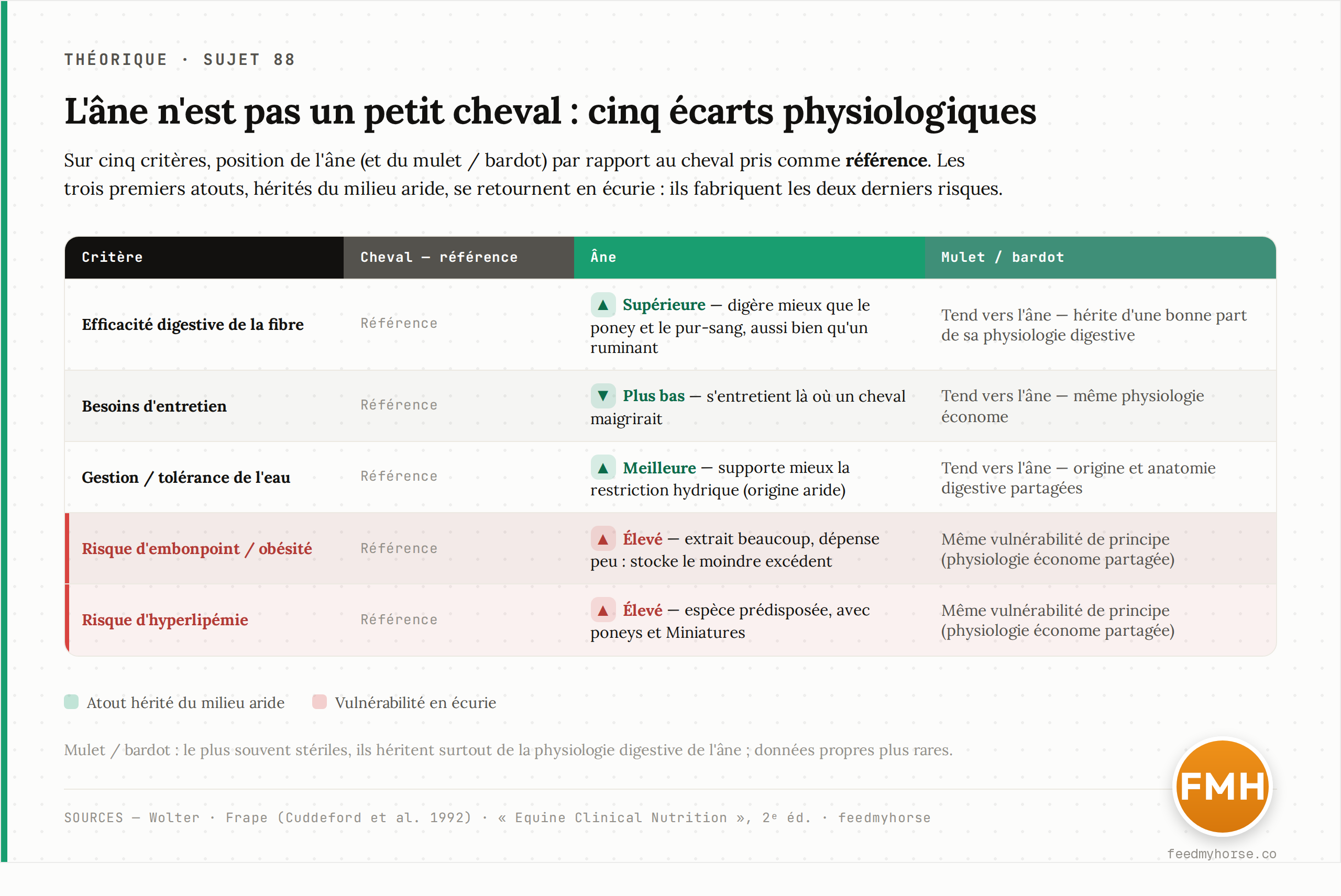Tableau comparatif : sur cinq criteres (efficacite digestive de la fibre, besoins d'entretien, gestion de l'eau, risque d'embonpoint, risque d'hyperlipemie), position de l'ane et du mulet par rapport au cheval pris comme reference. Sources : Wolter ; Frape d'apres Cuddeford et al. 1992 ; Equine Clinical Nutrition 2e ed.