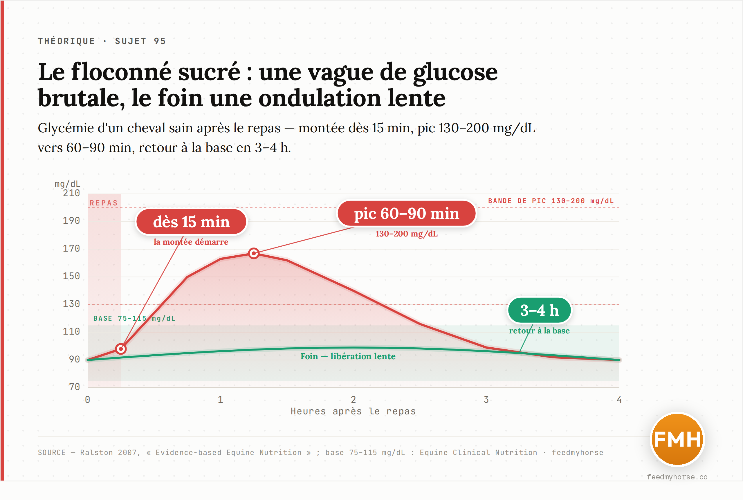 La glycémie d'un cheval sain après un repas de floconné mélassé : montée dès 15 minutes, pic de 130 à 200 mg/dL entre 60 et 90 minutes (base documentée 75-115 mg/dL), retour à la ligne de base en 3 à 4 heures ; le foin ne produit qu'une ondulation lente et faible (Ralston, Evidence-based Equine Nutrition, 2007 ; base : Equine Clinical Nutrition).